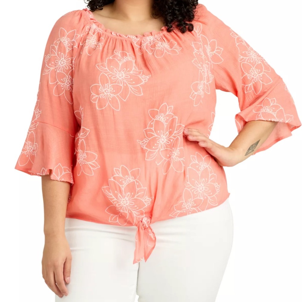 New AB Studio Coral Fusion Studio 2X Bell Sleeve Top Embroidered Feminine Boho